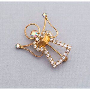 Vintage Christmas Angel Rhinestone Angelic Gold Tone Intricate Brooch - C1